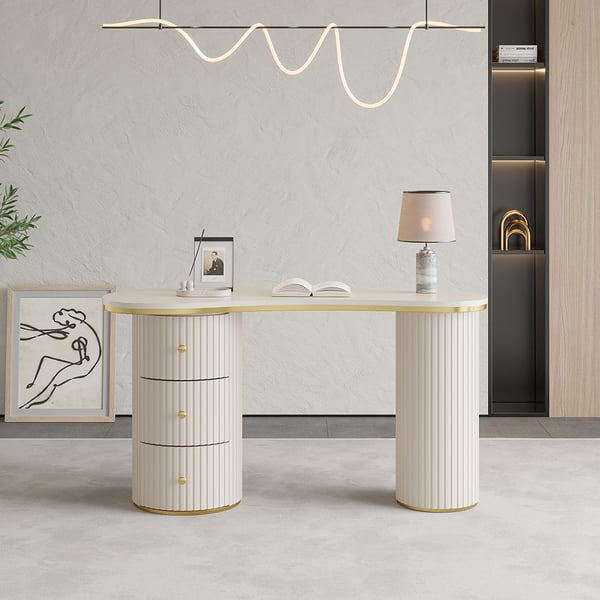 55.1" Modern Off-White Curved Desk 3-Drawer Wooden Home Office Desk Double Pedestal