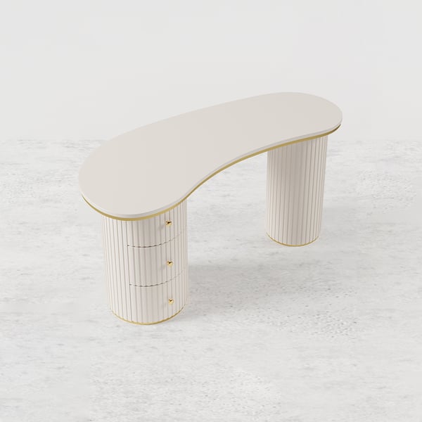 55.1" Modern Off-White Curved Desk 3-Drawer Wooden Home Office Desk Double Pedestal