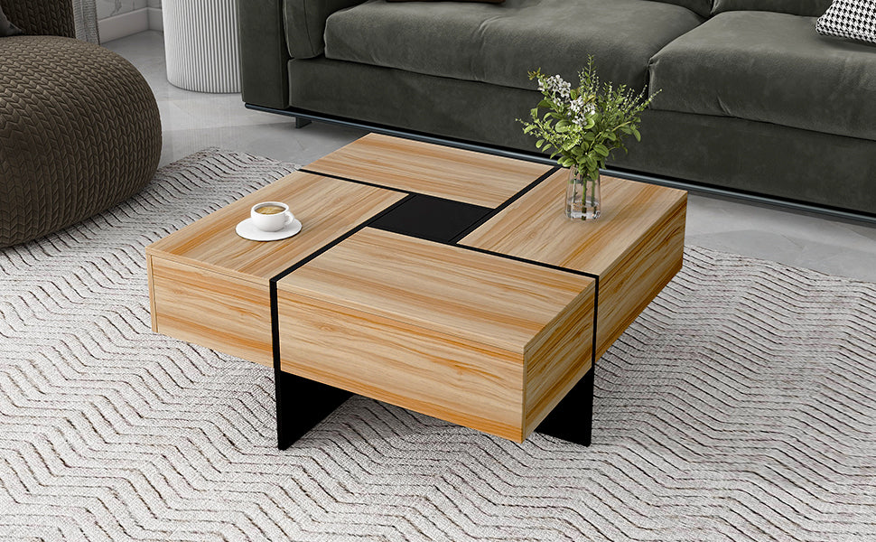 ON-TREND Table basse au design unique avec 4 compartiments de rangement cachés, table de cocktail carrée avec plateau coulissant extensible, table centrale design ultra brillante pour le salon, 80 x 80 cm