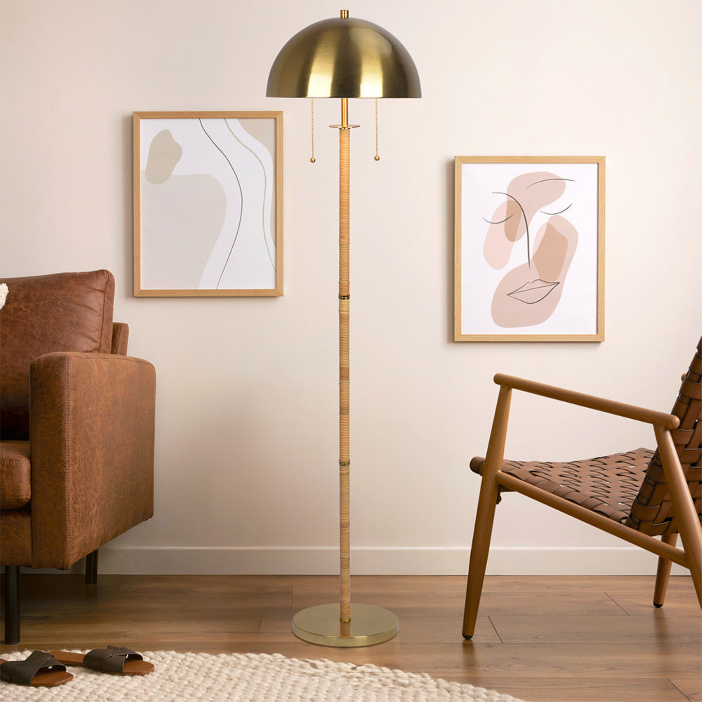 Modern 2-Light Floor Lamp - Gold Brass with Natural Rattan Tube and Double On/Off Pull Chain