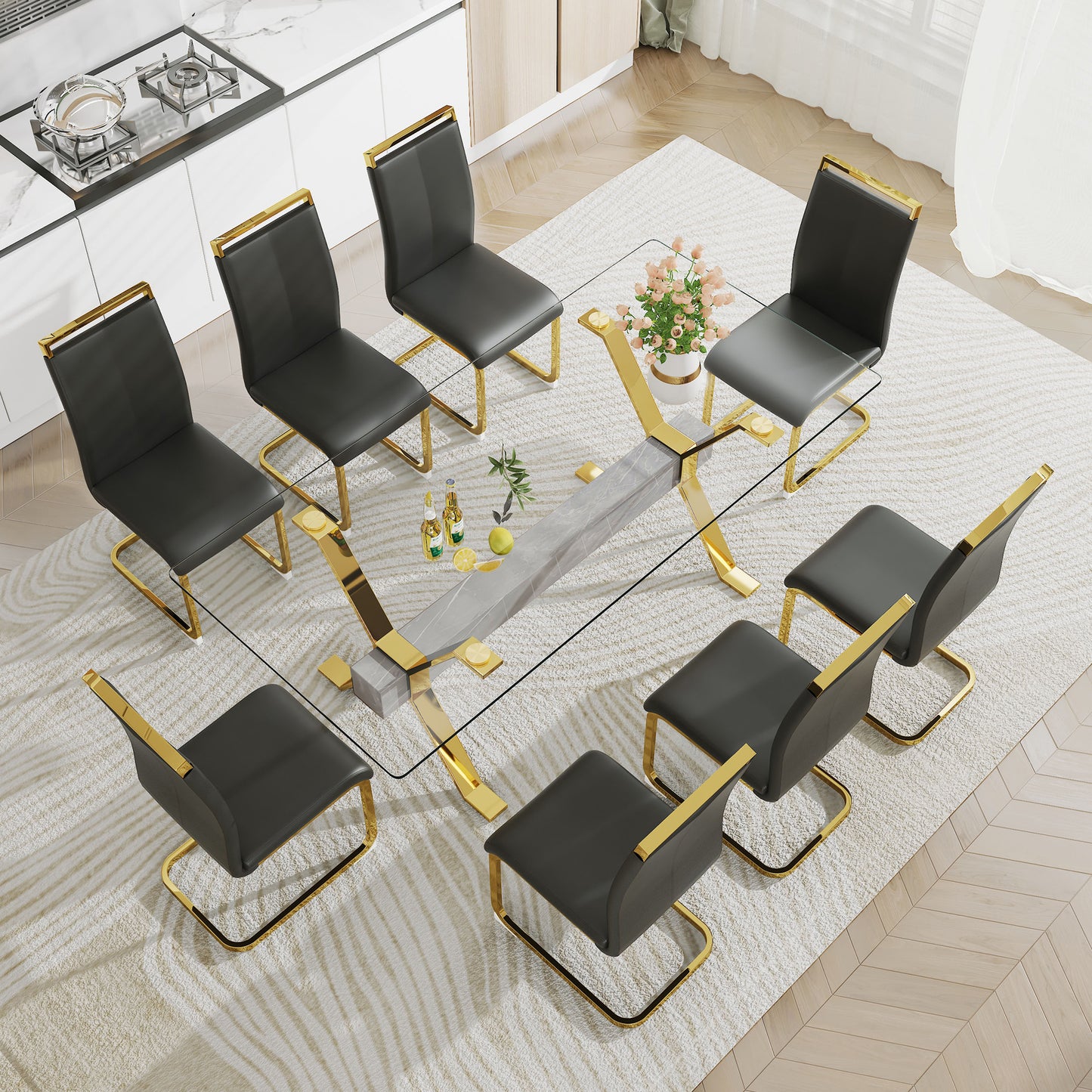 Dining table. Modern tempered glass dining table. Large modern office desk with gold plated metal legs and MDF crossbars, suitable for both home and office use. Kitchen. 79 ''x39''x30 '' 1105