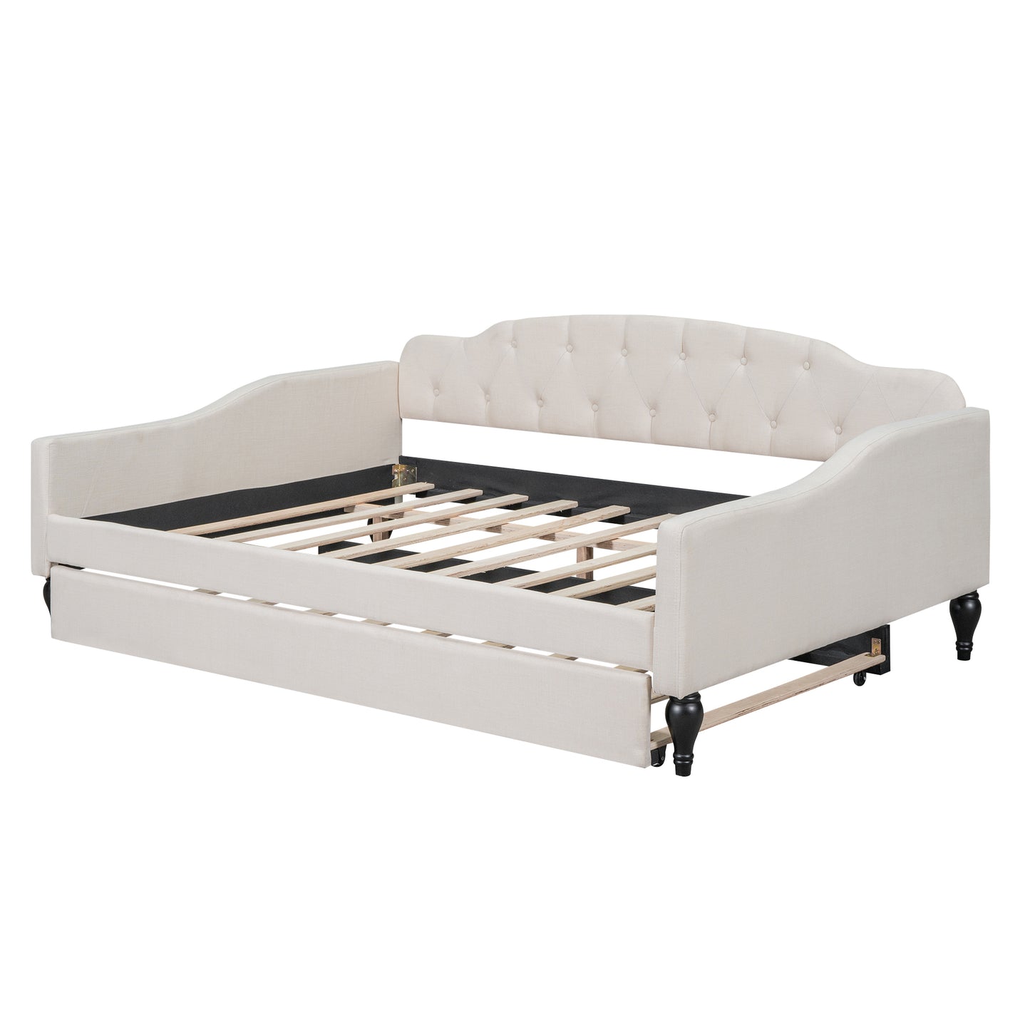 Lit de repos capitonné pleine taille avec lit gigogne simple, beige