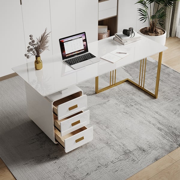 55 Inches Modern White Home Office Executive Desk with Drawers and Storage Cabinet in Gold Base#S