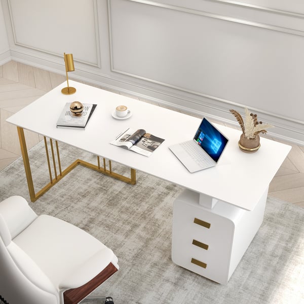 55 Inches Modern White Home Office Executive Desk with Drawers and Storage Cabinet in Gold Base#S