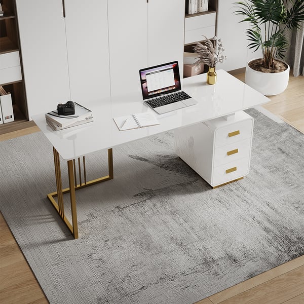 55 Inches Modern White Home Office Executive Desk with Drawers and Storage Cabinet in Gold Base#S