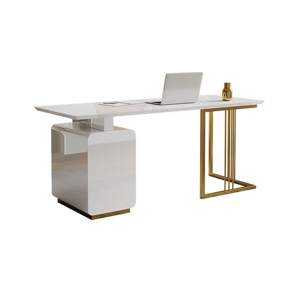 55 Inches Modern White Home Office Executive Desk with Drawers and Storage Cabinet in Gold Base#S