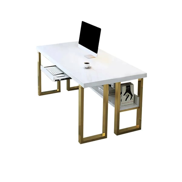 Modern White & Gold Rectangular Computer Desk with Keyboard Tray & Storage Shelf