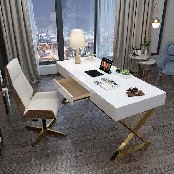 Bureau d'ordinateur moderne rectangulaire avec tiroir, blanc de 55 pouces