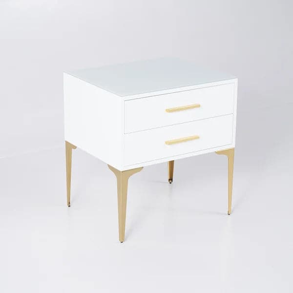 Modern White Nightstand Glossy 2-Drawer Classic Bedside Cabinet High Legs