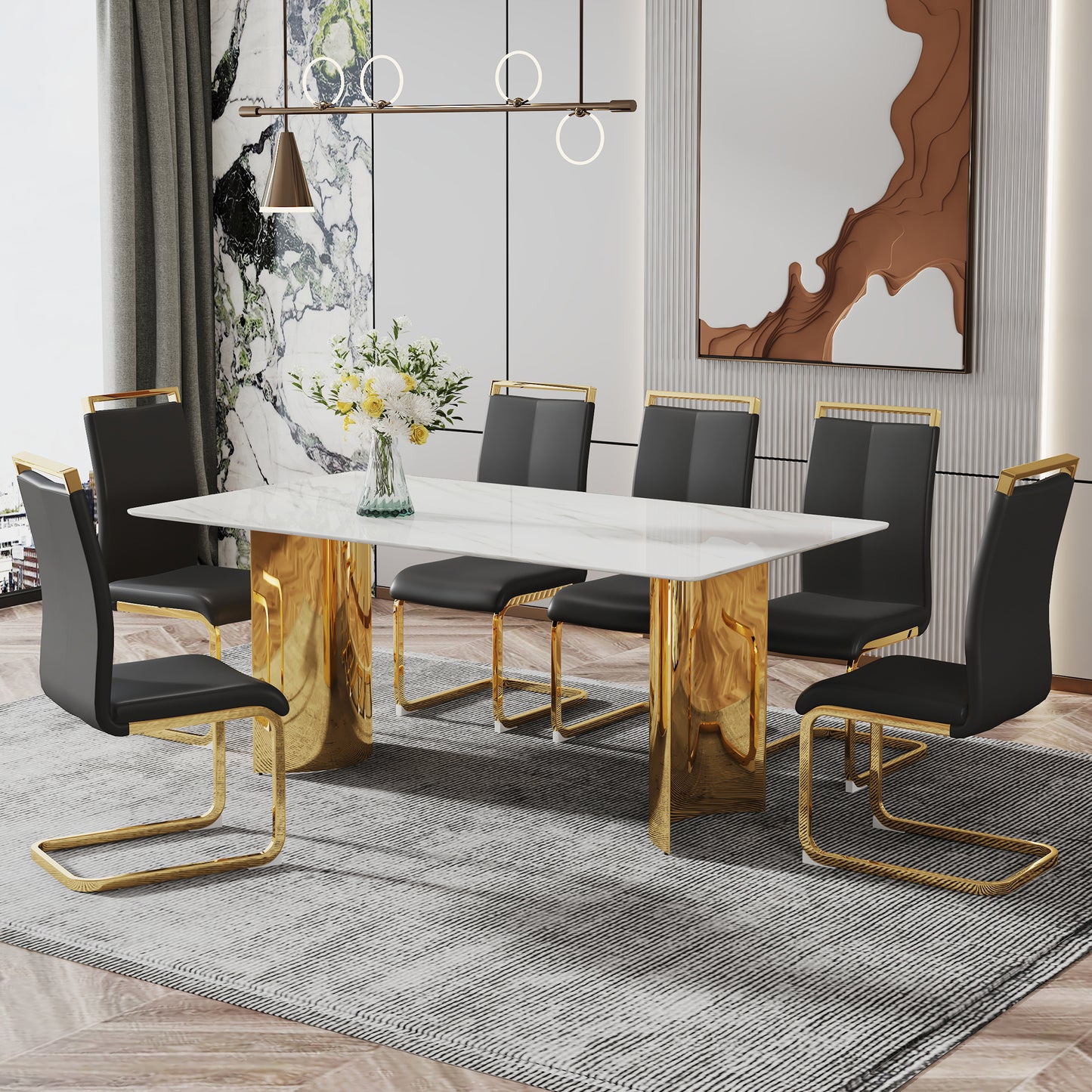 Stylish 71" Minimalist Dining Table with White Imitation Marble Glass Surface and Gold Metal Legs - Ideal for Dining Areas and Living Spaces