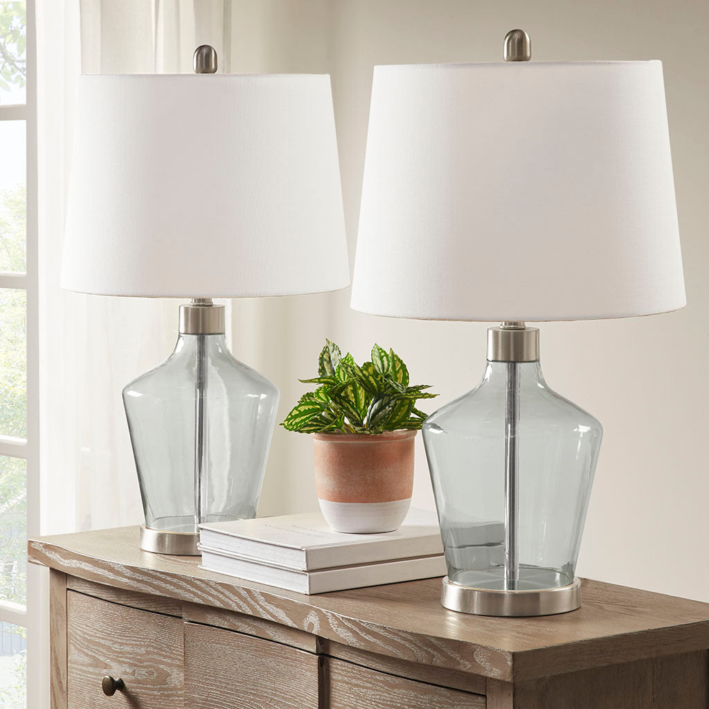 Harmony Angular Glass Table Lamps – Stylish Grey Hue with White Drum Shades Set of 2 for Living Room and Bedroom Decor