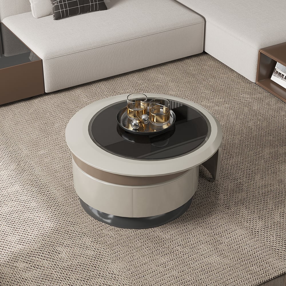 Gray Round Wood Swivel Modern Coffee Table with Storage Wood Accent Table Glass Tabletop