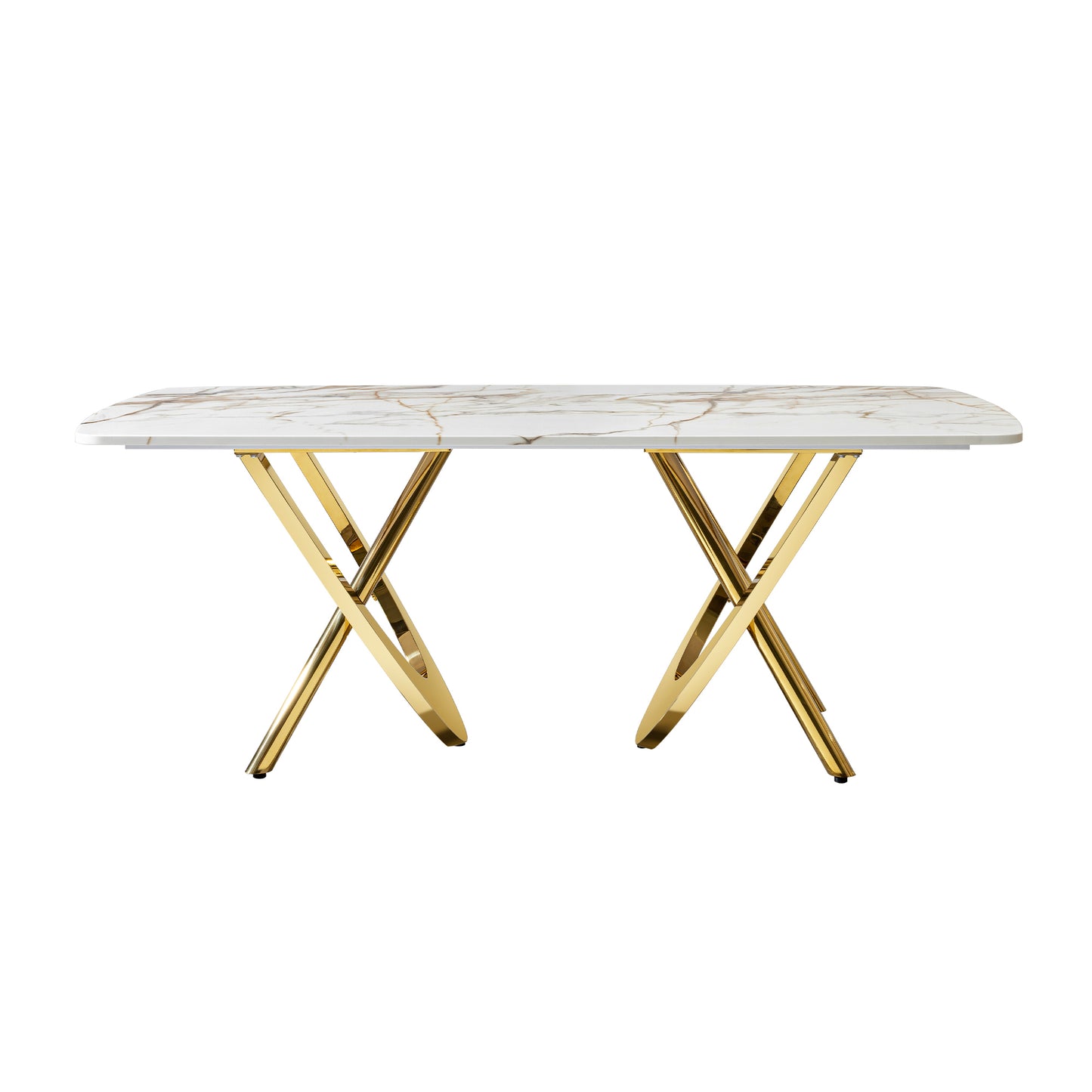 MDF marble pattern dining table with gold stainless steel base, rectangular shape seats 6-8 people