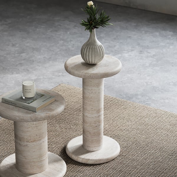 Beige Round Travertine Side Table 12.6" Modern End Table