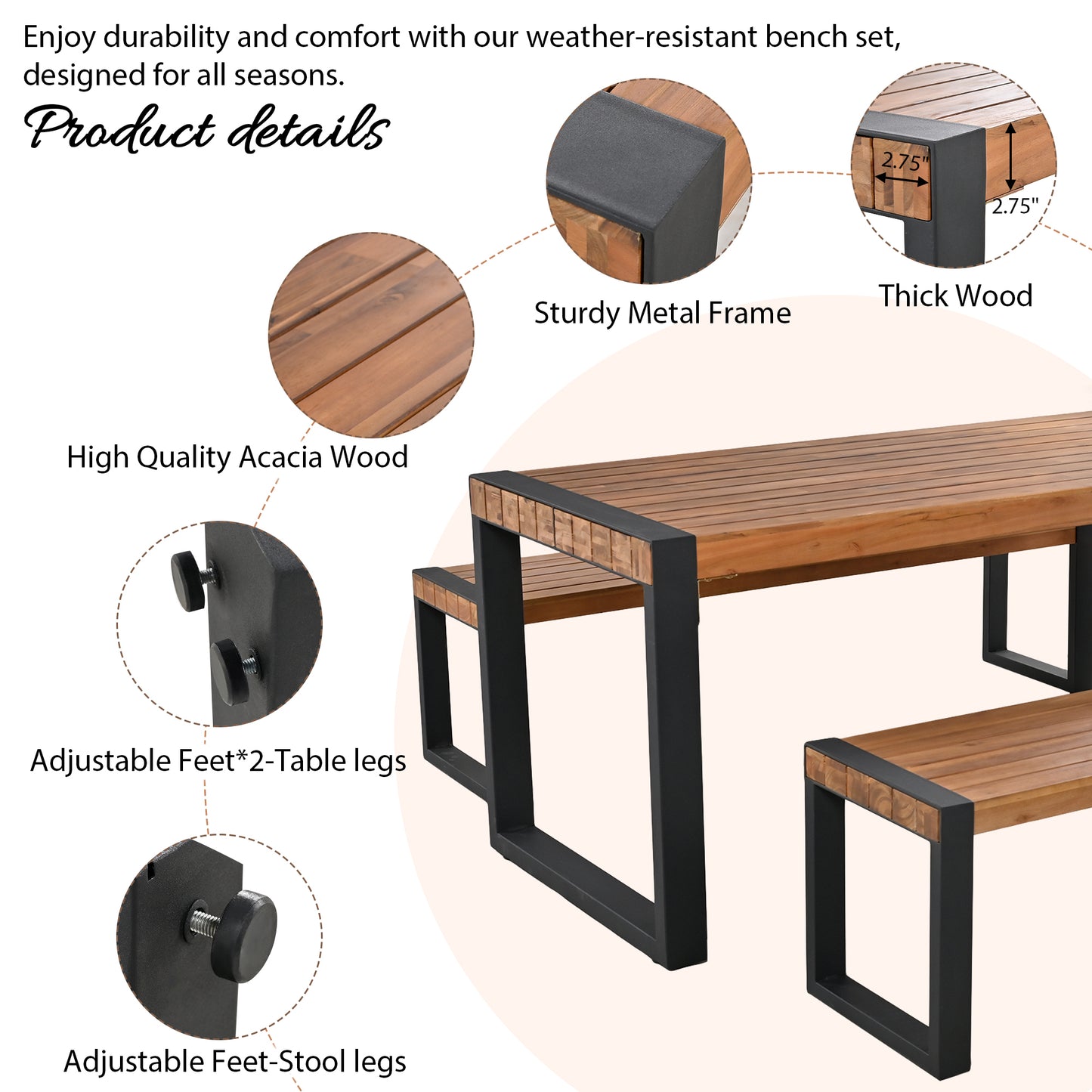 3-Piece Outdoor Dining Set: Acacia Wood Table & 2 Benches with Unique Texture, Durable Steel Frame for All-Weather Use