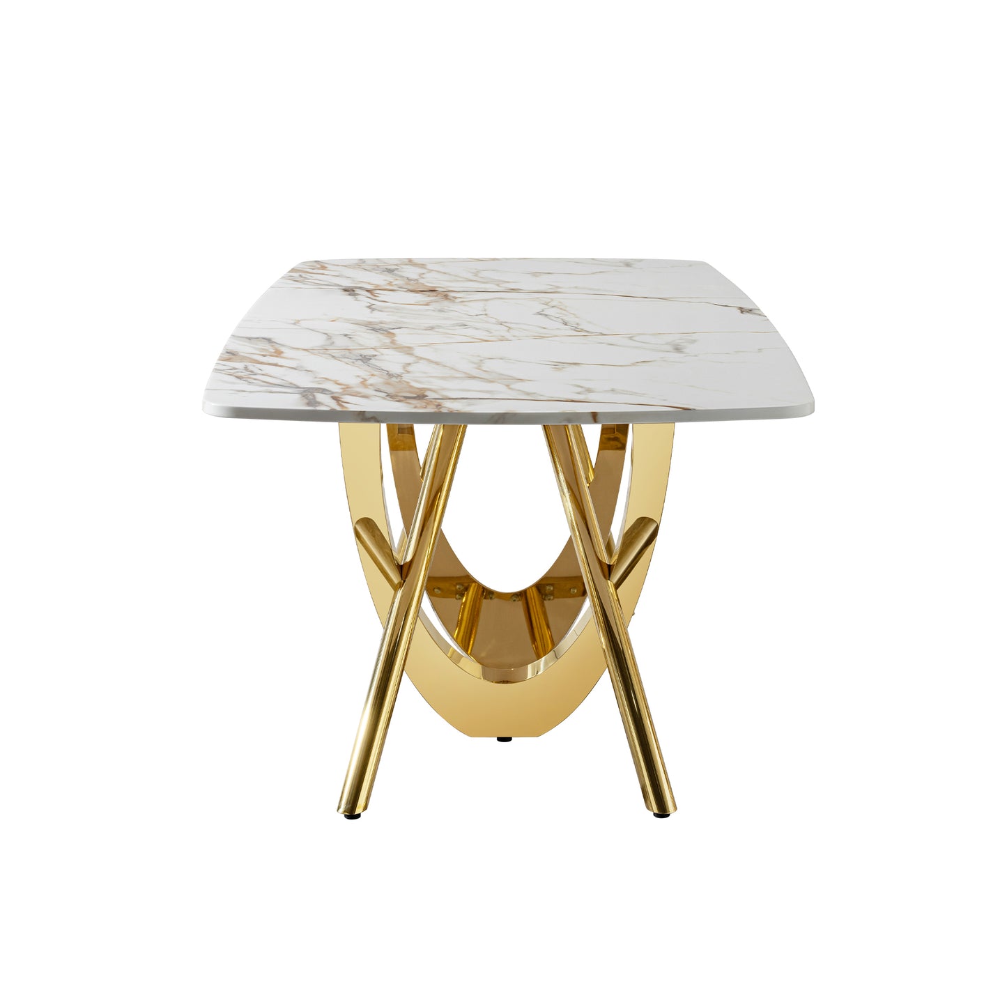 MDF marble pattern dining table with gold stainless steel base, rectangular shape seats 6-8 people