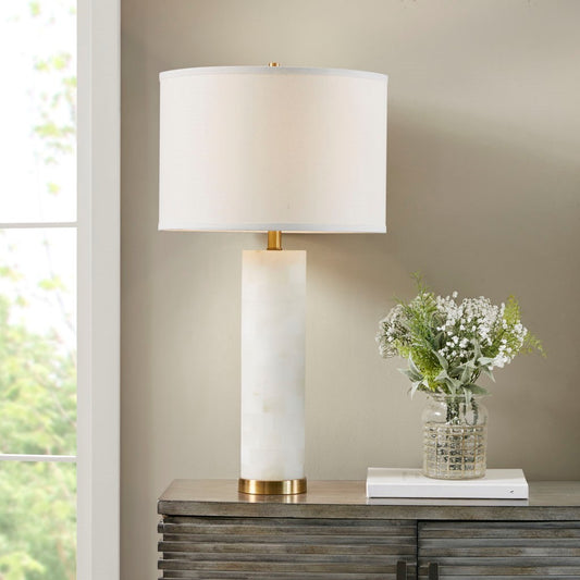 Elegant White Drum Shade with Gold Metal Base Table Lamp