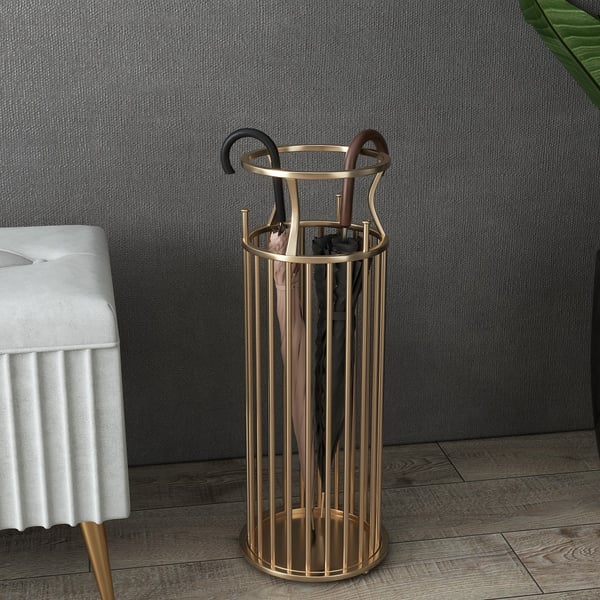 8.7"Dia Chic Golden "Marble Pillar" Style Umbrella Stand in Metal