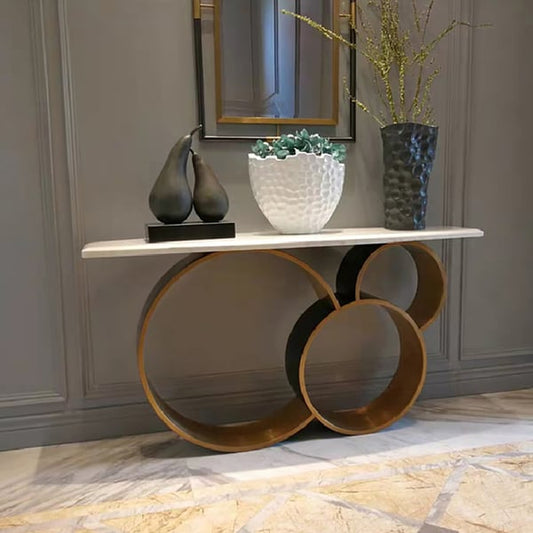 Table console blanche étroite moderne de 57,1 pouces, dessus en marbre, socle rond en acier inoxydable