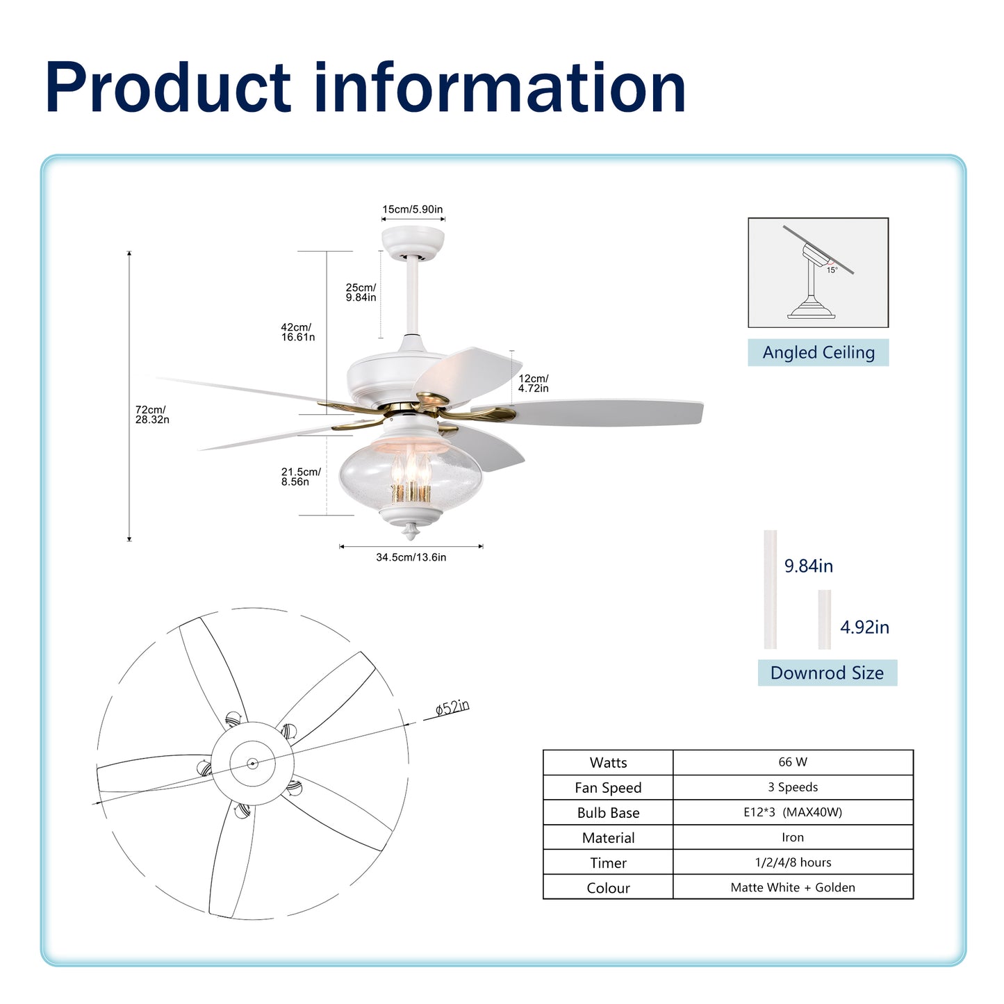 52" Low Profile Ceiling Fan in Matte White - Modern Design with Remote Control and Glass Shade