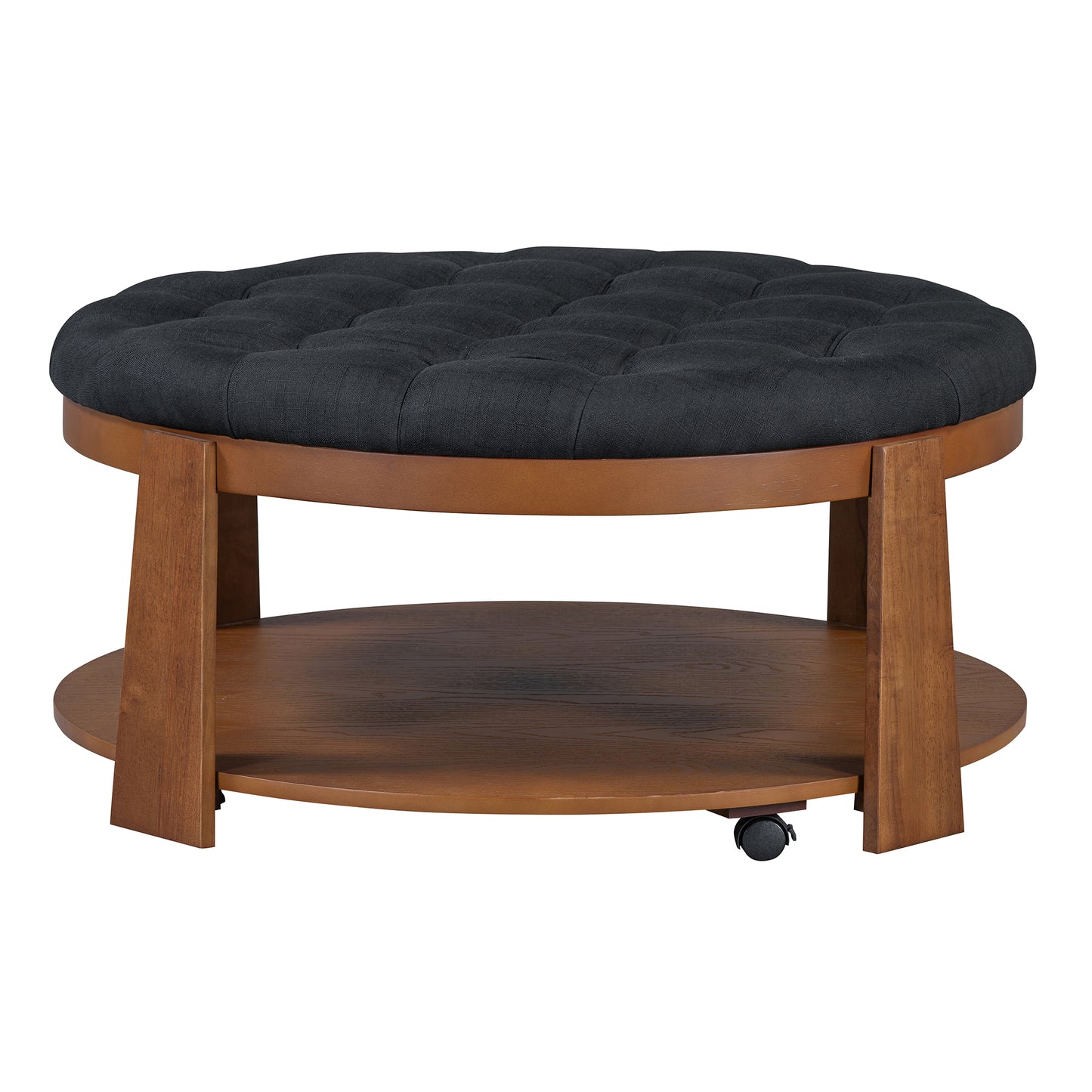 Modern Large Round Ottoman Coffee Table 2-Tier Oversized Button Tufted Ottoman with Wood Shelf Storage Upholstered Coffee Table for Living Room Footrest Ottoman with wheel, waterproof Linen