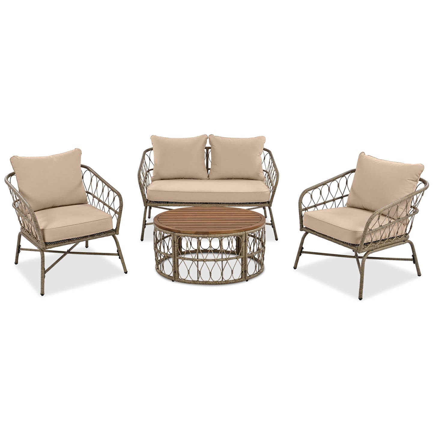 Bohemia-Inspired 4-Person Outdoor Seating Group - Removable Cushions and Wood Tabletop, Beige Conversation Patio Set