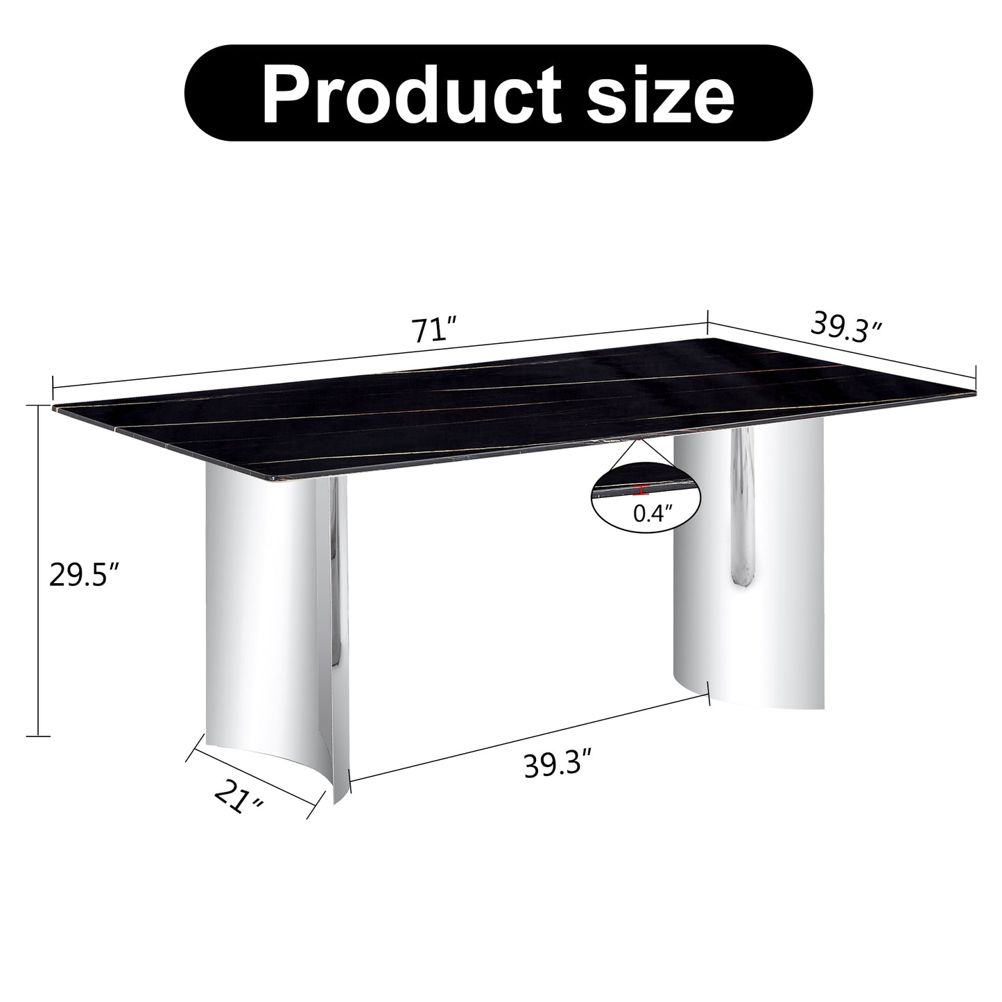 Modern minimalist dining table. The black imitation marble glass desktop is equipped with silver metal legs. Suitable for restaurants and living rooms 71 "* 39.3" * 29.5 "DT-69