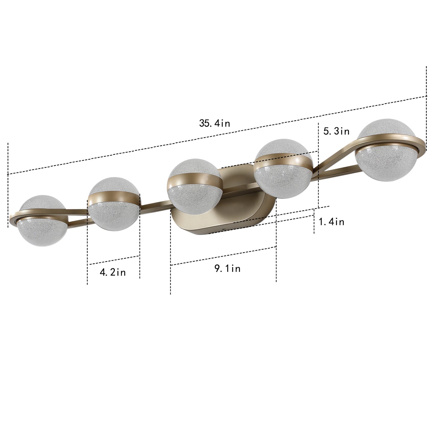 Champagne Gold Bathroom Vanity Light - 5-Bulb LED Wall Mounted Decorative Lighting with Frosted Glass Shades