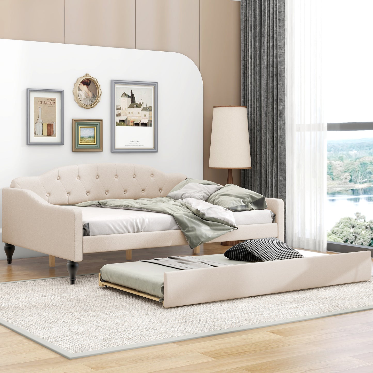 Lit de repos capitonné pleine taille avec lit gigogne simple, beige