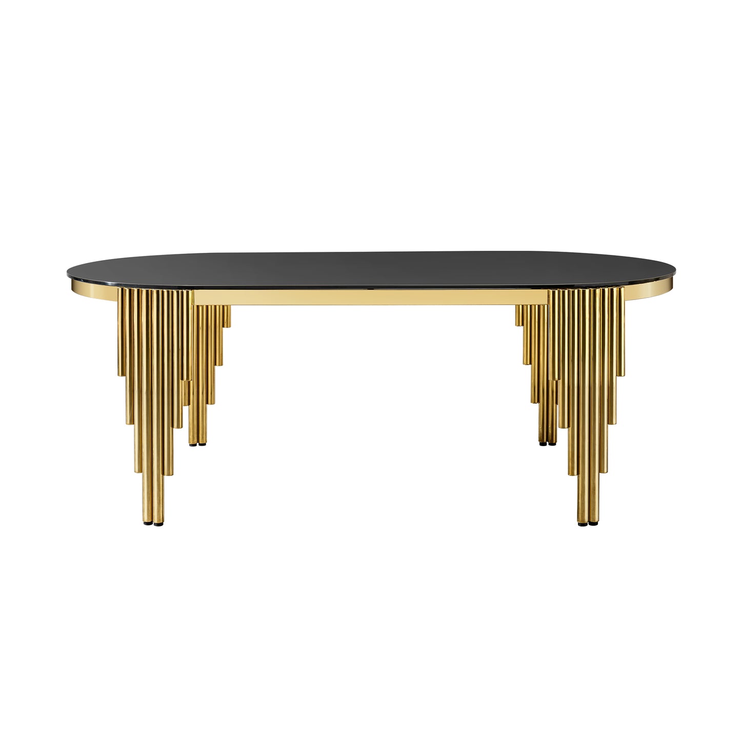 79.53" Black Glass Top oval Dining Table with gold stainless Steel Base for 8 seats