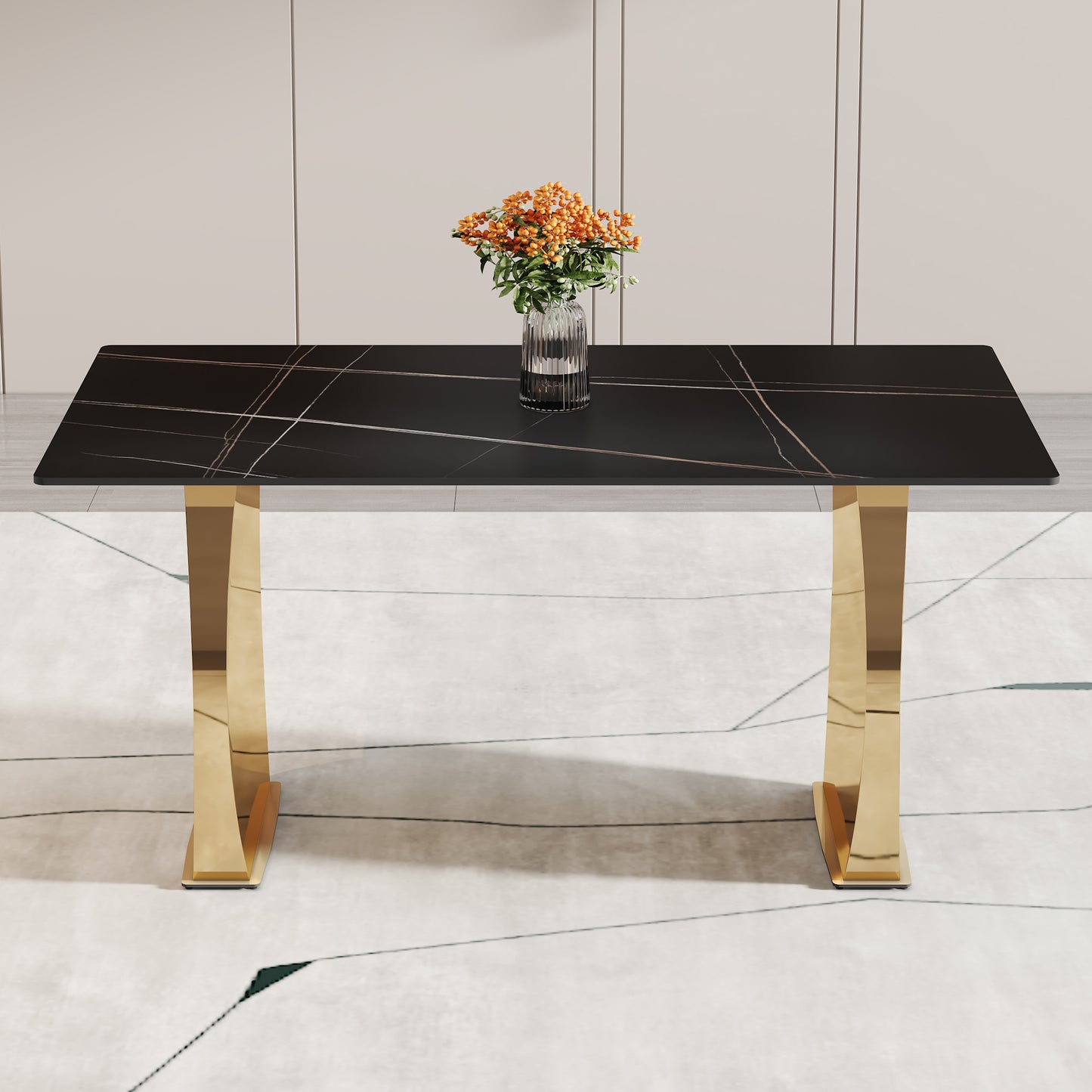 Stylish 63" Rectangular Table with Black Patterned Top and Gold Legs - Perfect for Dining Room and Living Space