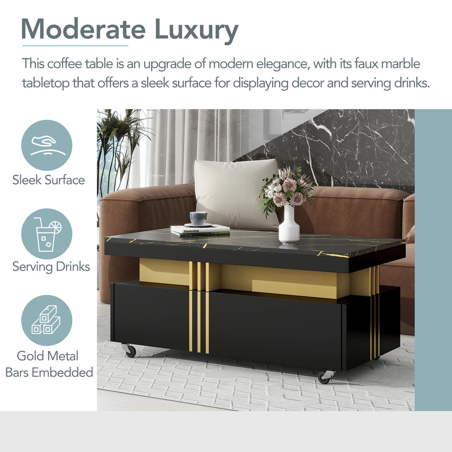 [VIDÉO fournie] Table basse contemporaine ON-TREND avec plateau en faux marbre, table de cocktail rectangulaire avec roulettes, table centrale de luxe modéré avec barres en métal doré pour le salon, noir