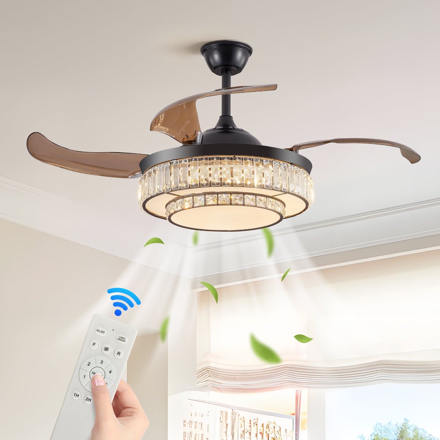 Stylish Retractable Ceiling Fan with LED Light - 4-Blade Design, Remote Control