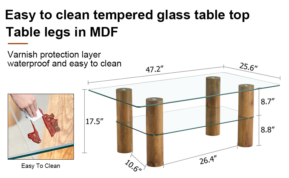 Modern Minimalist Double-Layer Transparent Tempered Glass Coffee Table with Wooden MDF Decorative Columns