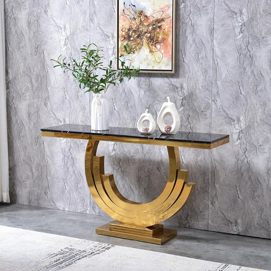 59.1 Inches Gold & Black Marble Console Table Narrow Rectangle Entryway Table