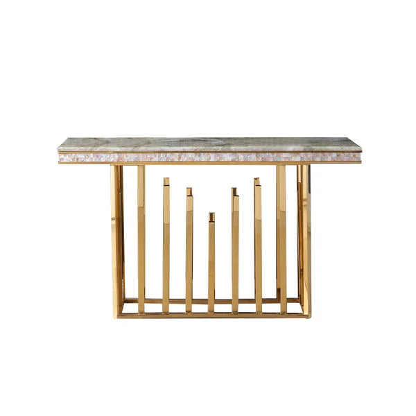 Table console moderne en marbre de 59,1 po, table d'entrée étroite avec base en acier inoxydable doré