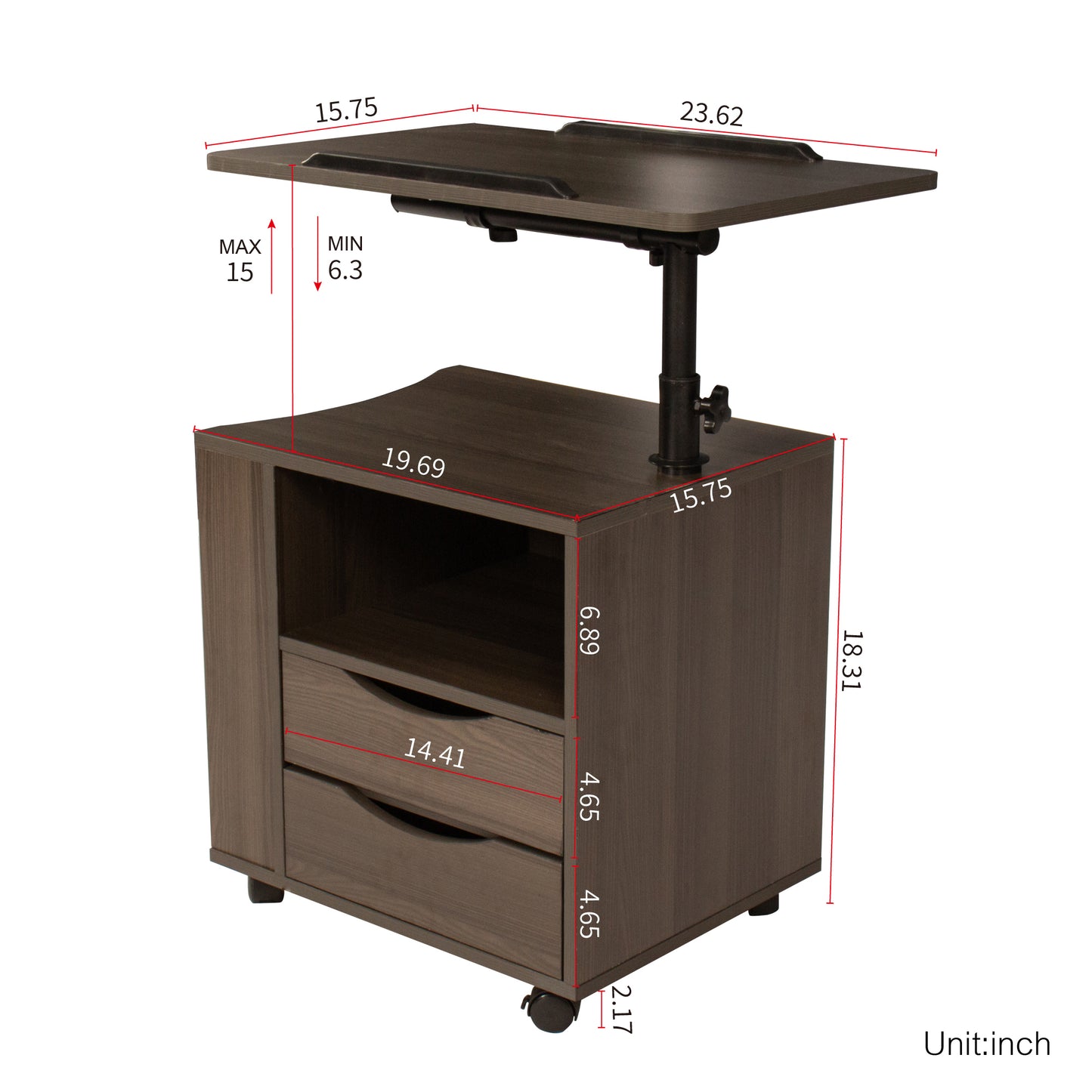 Table de chevet en bois à hauteur réglable avec plateau pivotant, tiroirs de rangement, roulettes et étagère ouverte (chêne noir)