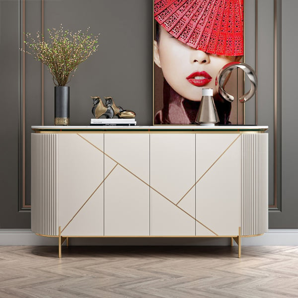 59" Modern White Sideboard Buffet Faux Marble Top with 4 Doors 2 Shelves in Gold