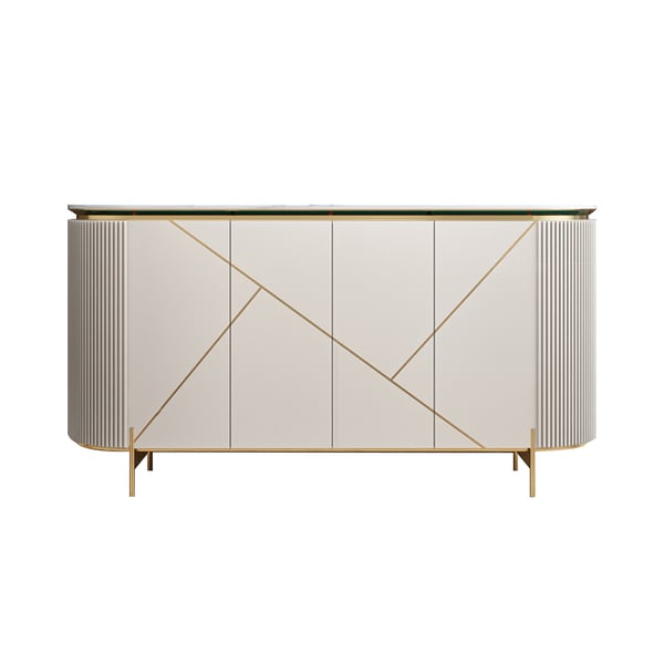 Buffet moderne blanc de 59 pouces, dessus en faux marbre, 4 portes, 2 étagères dorées