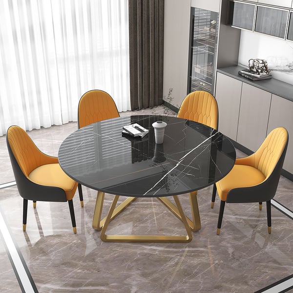 59 Inches Black Modern Round Faux Marble Dining Table Gold Base for 8 Seaters