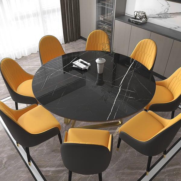 59 Inches Black Modern Round Faux Marble Dining Table Gold Base for 8 Seaters