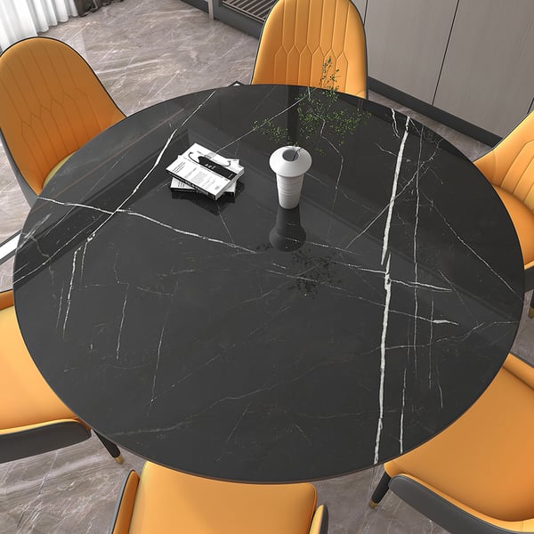 59 Inches Black Modern Round Faux Marble Dining Table Gold Base for 8 Seaters