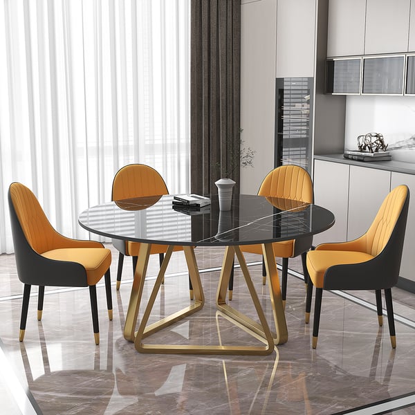 59 Inches Black Modern Round Faux Marble Dining Table Gold Base for 8 Seaters