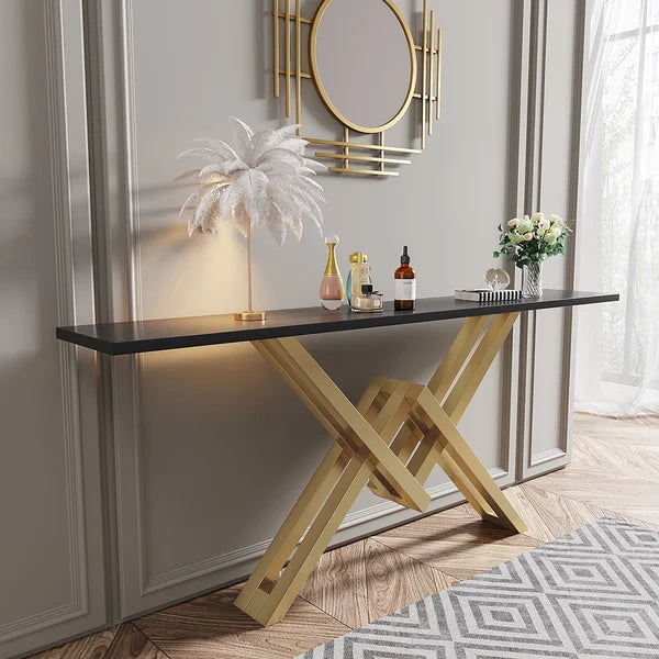 Black/White & Gold Narrow Console Table Accent Table For Entryway X Base & Metal in Small#Black-L