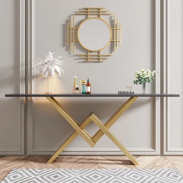 Black/White & Gold Narrow Console Table Accent Table For Entryway X Base & Metal in Small#Black-L