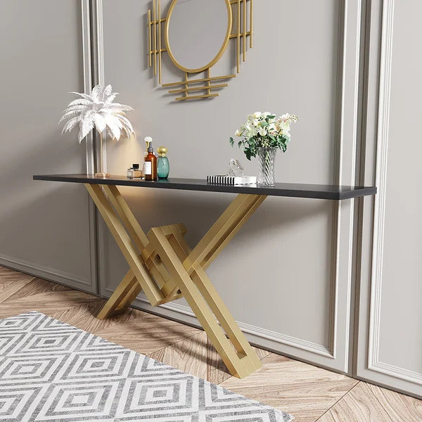 Black/White & Gold Narrow Console Table Accent Table For Entryway X Base & Metal in Small#Black-L