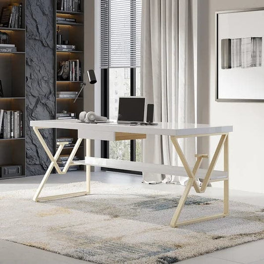 Bureau d'écriture blanc moderne de 59 po avec tiroir et étagère, bureau en bois