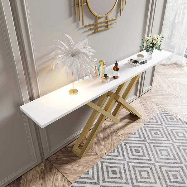 Black/White & Gold Narrow Console Table Accent Table For Entryway X Base & Metal in Small#White-L