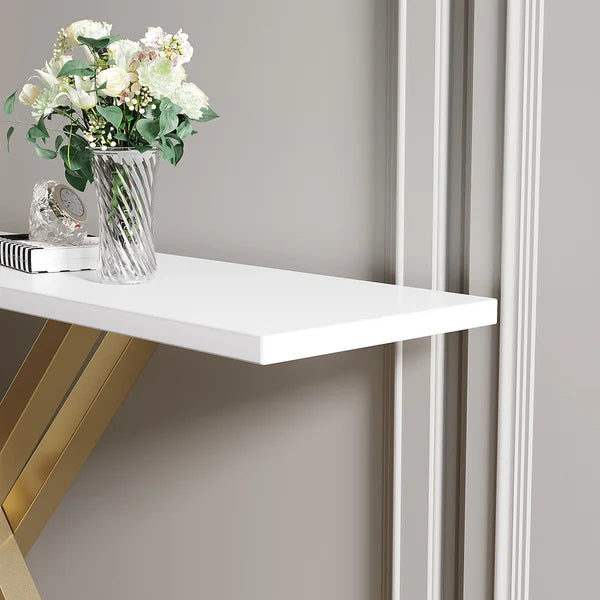 Black/White & Gold Narrow Console Table Accent Table For Entryway X Base & Metal in Small#White-L