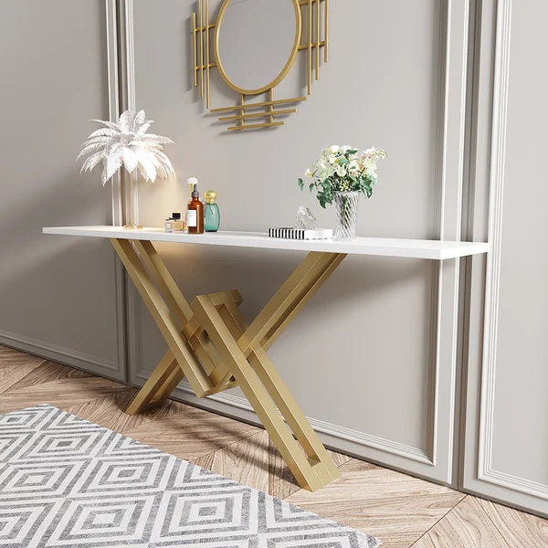 Black/White & Gold Narrow Console Table Accent Table For Entryway X Base & Metal in Small#White-L